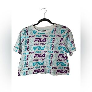FILA White Multicolor Logo Print Cropped T-Shirt Size Large